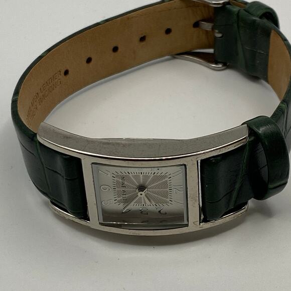 Nine West Silver Tone Square Dial Green Leather Band Watch Working New Battery - Picture 5 of 7